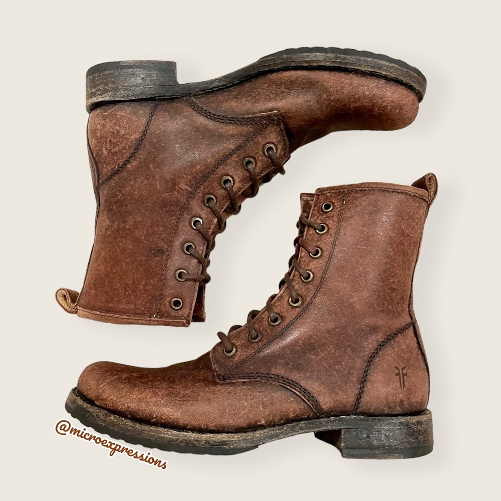 $378 Frye Veronica Combat Distress Brown Leather Lace Up Moto Combat Ankle Boot